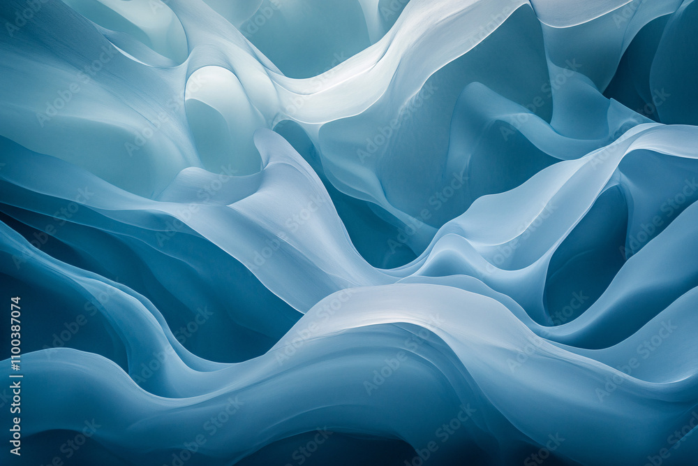 Poster flowing waves of soft blue and white hues create a serene and calming abstract background reminiscen