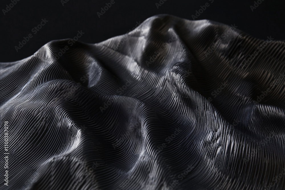 Poster textured waves of dark material create an abstract landscape, showcasing intricate patterns and shad