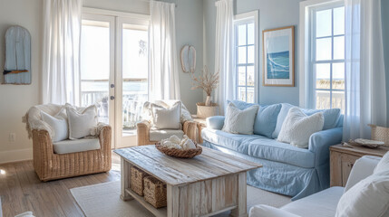 Fototapeta premium Coastal themed living room with light blue sofa and wicker chairs
