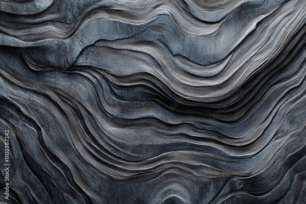 Poster abstract, flowing lines create a mesmerizing texture resembling waves or ripples in a dark, muted co