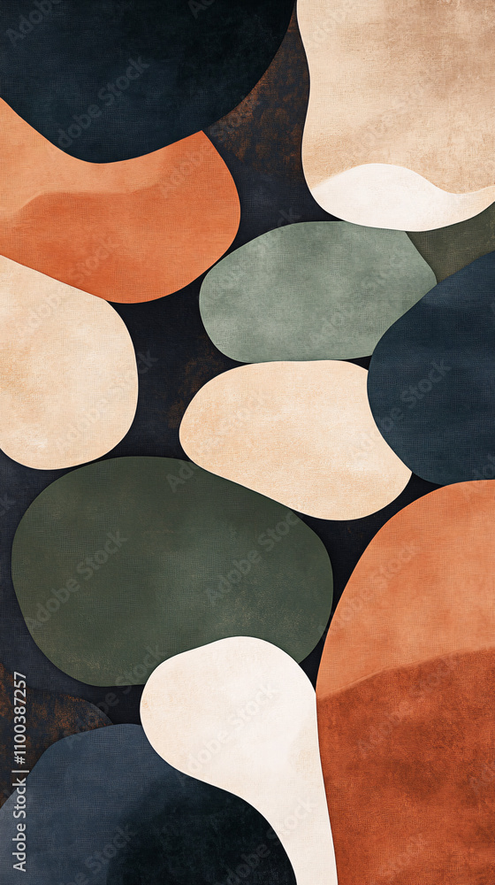 Poster abstract shapes in earthy tones blend seamlessly, creating a harmonious and modern design that evoke