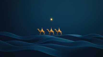 Three golden camels journeying across blue waves under a shining star in a cartoon-style desert night