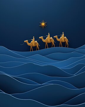 Three golden camels traveling across wavy terrain under a starry night sky in a cartoon style illustration