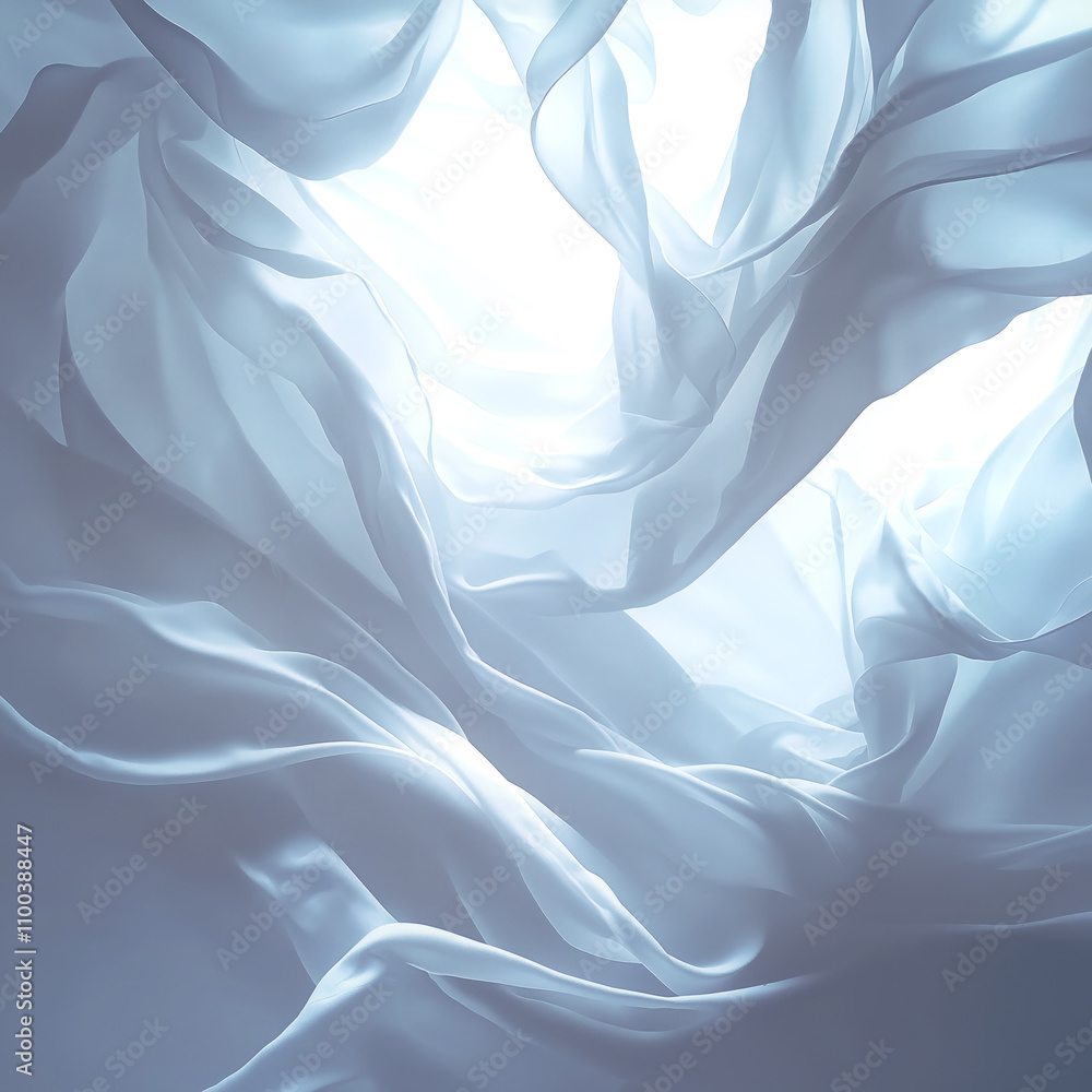 Poster Abstract composition of flowing snow-white translucent fabric that creates an effect of lightness and airiness. Soft curves and smooth lines create a sense of movement, while the light shining through