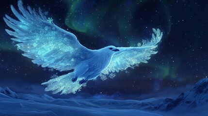Obraz premium A majestic, ethereal bird made of ice flies against a starry sky with auroras.