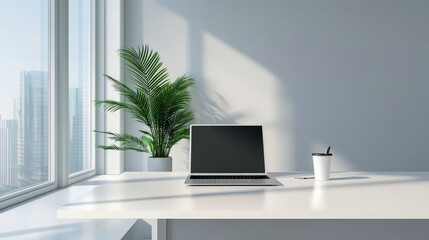 Minimalist workspace with laptop, potted plant, and coffee cup by sunlit window