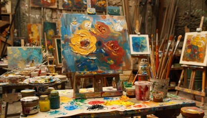Fototapeta premium Creative art studio filled with paints, brushes, canvases, and unfinished masterpieces on easels