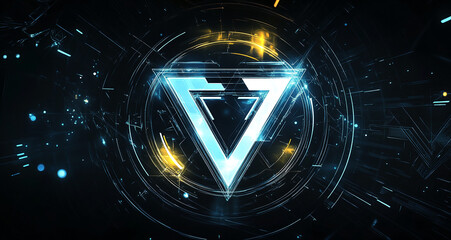 Abstract digital design featuring a luminous triangular emblem against a dark background