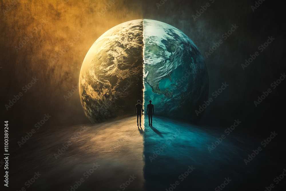 Poster two figures stand before a split earth, symbolizing isolation between contrasting environments and e