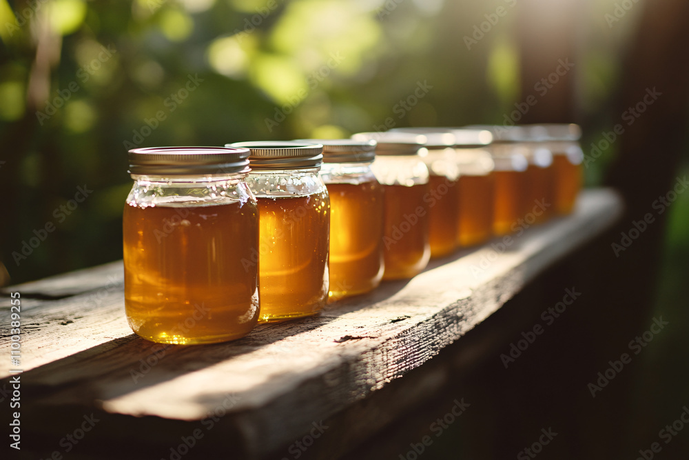 Poster golden honey jars line a rustic wooden shelf, illuminated by soft sunlight filtering through greener