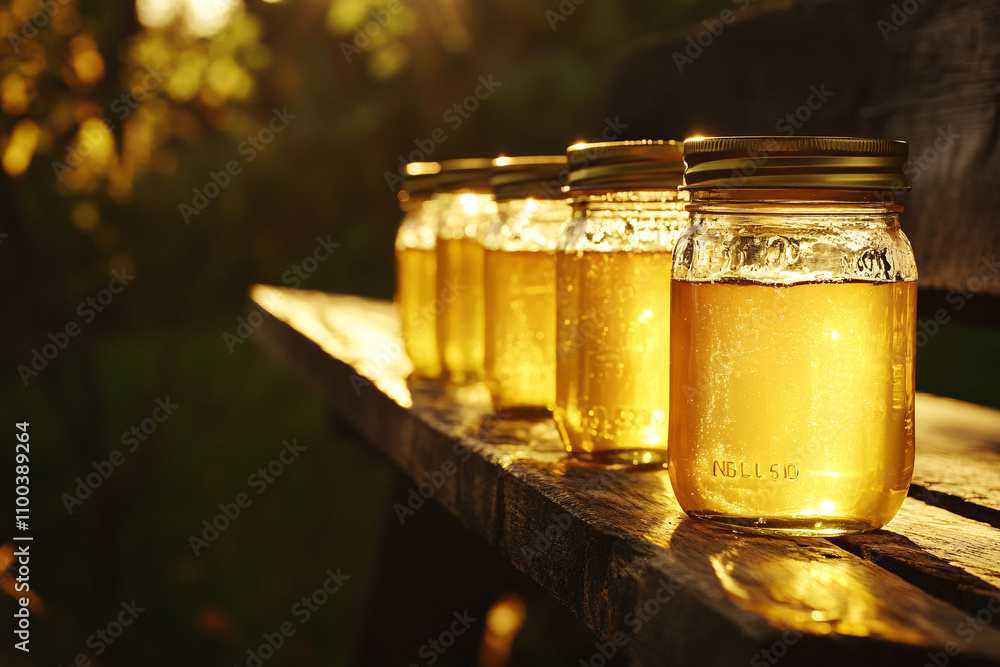 Poster golden jars of honey are lined up on a wooden bench, illuminated by warm sunlight, creating a serene
