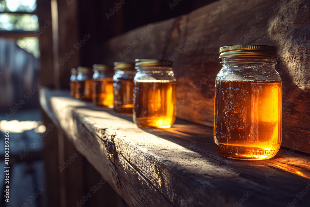 Poster golden jars of honey lined up on a rustic wooden shelf, illuminated by soft sunlight enhancing their