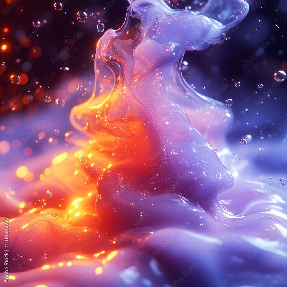 Poster bright abstract illustration with floating in weightlessness flow of magical colored liquid and brig