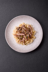 Rice noodles, asian food with soy sauce and spices