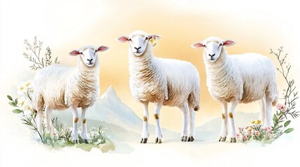 Fototapeta premium Soft Watercolor Painting of Fluffy Sheep Amidst Delicate Branches and Warm Ochre Backdrop