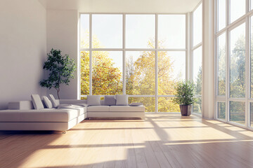 Fototapeta premium A bright and spacious living room features large windows with autumn trees outside, showcasing natural light and a cozy sofa inviting relaxation