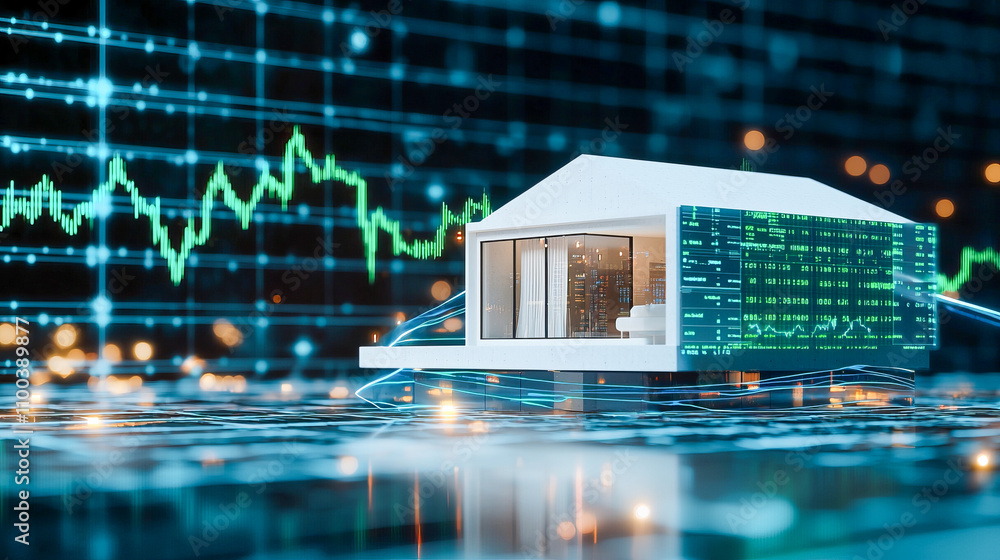 Poster modern smart home with digital data graph overlay