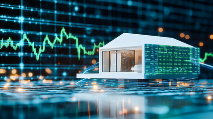 Modern smart home with digital data graph overlay