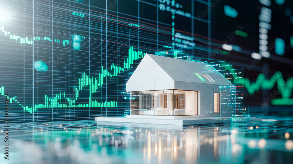 Poster digital model of a modern house with financial data and graphs in the background