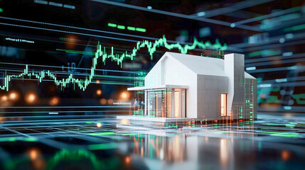 Futuristic smart home model with digital financial data and virtual technology overlay