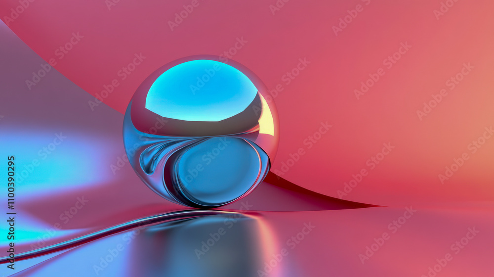Poster colorful reflective sphere on gradient surface with fluid abstract design
