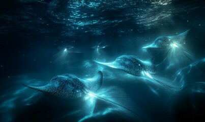 Fototapeta premium Glowing manta rays swim in dark ocean.