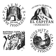 Yosemite, California, United States Illustration Clip Art Design Shape. National Park Vintage Icon Vector Stamp.	