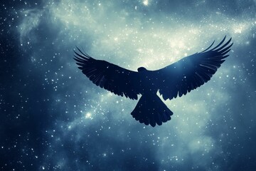 Fototapeta premium Silhouetted bird soars through starry cosmos.
