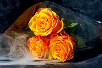 striking bouquet of yellow-red roses wrapped in plastic, shrouded in smoke against a dark background, embodies the contrast between beauty and transience, love and impermanence