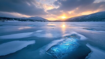 Obraz premium A serene winter landscape with a frozen lake reflecting the sunset and surrounding mountains.