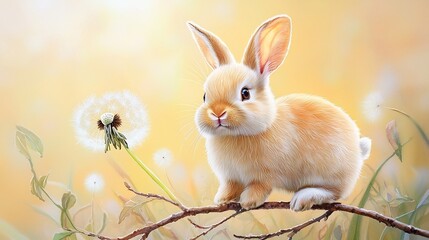 Curious Bunny on Delicate Watercolor Branches with Radiant Sunshine and Dandelion Fluff