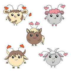 Five colourful round monsters in the shape of a cow, ram, horse, yak and goat. Kind funny animals with hearts on their heads. Positive cartoon characters.