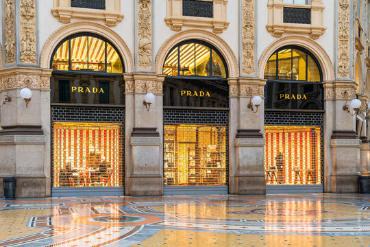 Milan, Italy - October 30, 2024: Facade of Prada store with new collection in Galleria Vittorio Emanuele II in Milan, Italy. Oldest Italian shopping mall with luxury brand shop in Milano city