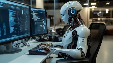 Fototapeta premium Software technician uses computer for artificial intelligence computing simulating human brain through machine learning. Freelancing IT professional working with AI deep neural networks