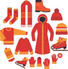 Winter clothing items: sweaters, jackets, hats, scarves, gloves, boots, and sunglasses.