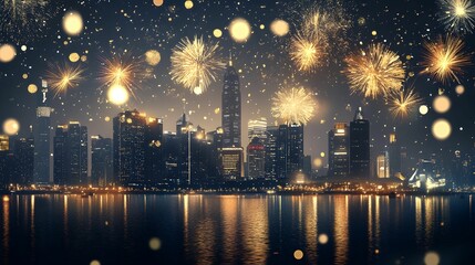 sylwester 2024/2025, sztuczne ognie, złote fajerwerki, noc sylwestrowa, celebracja nowego roku, ilustracja cyfrowa, ciemnoniebieskie tło, kieliszki do szampana, elegancja, miasto nocą, glamour, błyszc