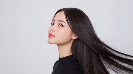 Fototapeta premium Asian young woman with long flowing hair and a black sweater