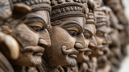 Detailed wooden sculpture of Mahabharata warriors
