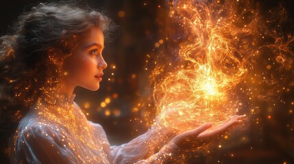 Naklejka premium Enchanted girl with glowing magic energy in hands creating mystical atmosphere