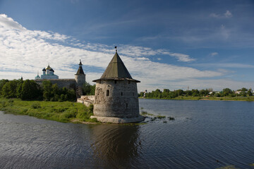 Fototapeta premium Russia Pskov Kremlin view on a cloudy summer day