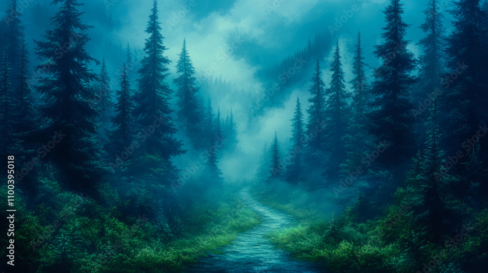Poster a serene forest path winds through towering evergreen trees, enveloped in soft blue mist, creating a