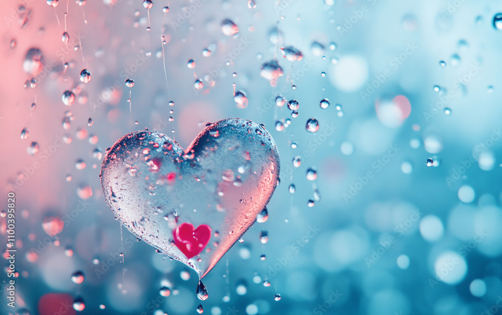 Poster Heart-shaped decoration hangs in rain with a soft blue and pink background creating a romantic atmosphere