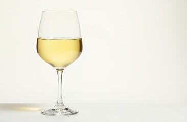 Fototapeta premium White wine in an elegant glass on a light background. There is space for text on the right