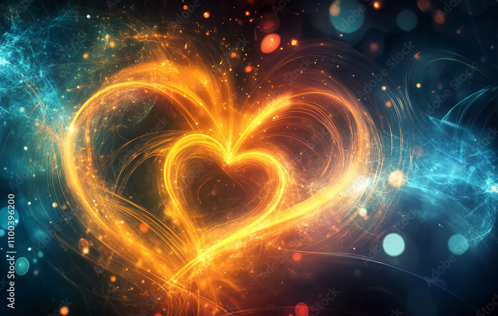 Poster Vibrant heart shape glowing in colorful light surrounded by sparkling particles in a cosmic background