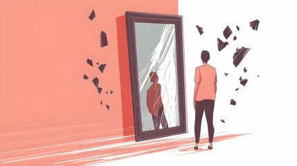 minimalistyczna ilustracja, zniekształcone odbicie, psychiczne rozbicie, emocjonalny chaos, zewnętrzna cisza, wewnętrzna burza, rozpad osobowości, samotność, odbicie w lustrze, rozbicie tożsamości, zm