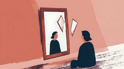 minimalistyczna ilustracja, zniekształcone odbicie, psychiczne rozbicie, emocjonalny chaos, zewnętrzna cisza, wewnętrzna burza, rozpad osobowości, samotność, odbicie w lustrze, rozbicie tożsamości, zm