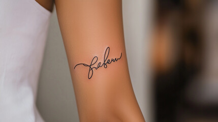 Script tattoo on upper arm with name design