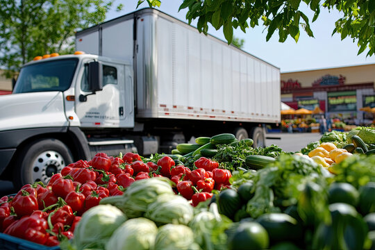 Refrigerated truck delivering fresh produce to a market