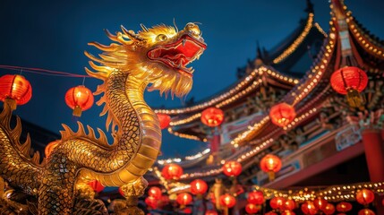 Fototapeta premium A vibrant dragon statue amidst glowing lanterns and ornate architecture at dusk.
