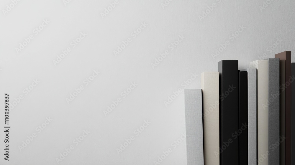 Fototapete a collection of books from different genres stands upright against a stark white background, emphasi